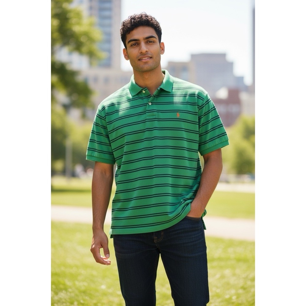 Ralph Lauren Polo Green Stripe Knit 100% Cotton Polo Shirt Short Sleeve‎ 2X Logo